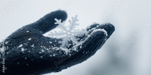 Macro shot of a single snowflake resting on a black wool glove, highlighting the fragile beauty of winter, the symmetry of ice crystals, and the contrast between warmth and cold in nature photo