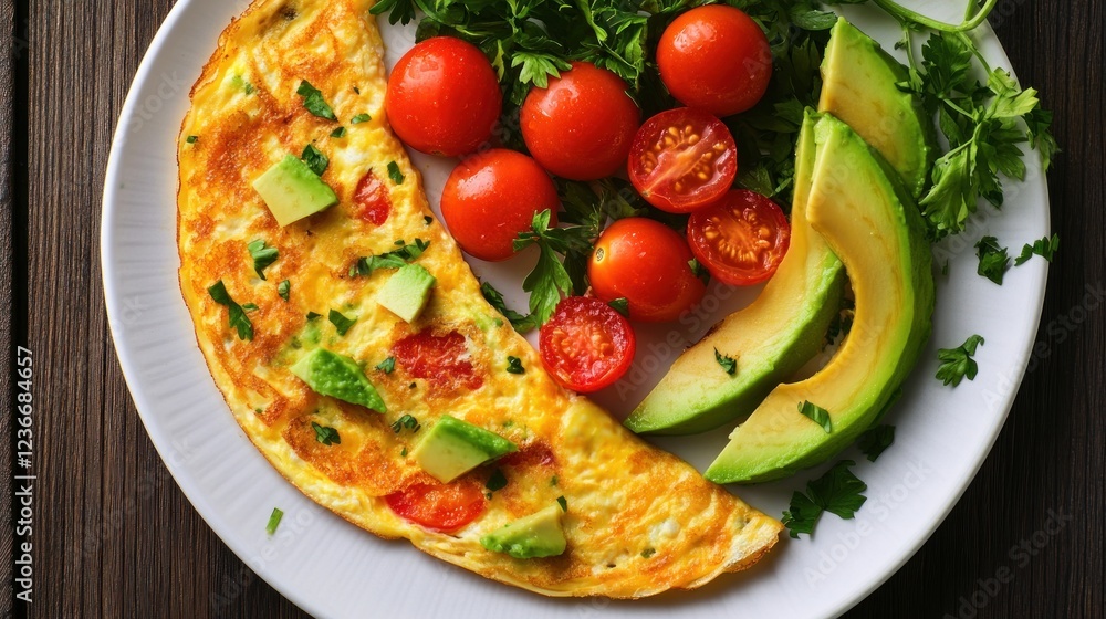 Delicious and Healthy Breakfast: Omelette with Avocado and Cherry Tomatoes Delicious and Healthy Breakfast: Omelette with Avocado and Cherry Tomatoes