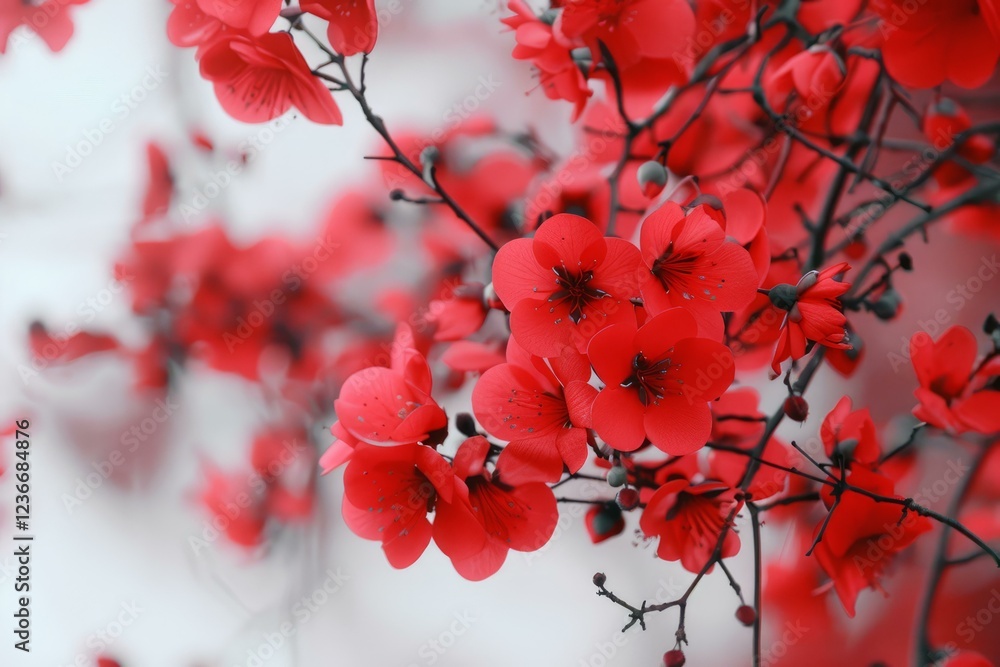 Vibrant red flowers blooming on branches, creating a stunning visual display against a soft focus background Vibrant red flowers blooming on branches, creating a stunning visual display against a soft focus background