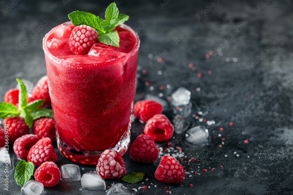 Glass of cold raspberry smoothie decorated with fresh mint and surrounded by frozen raspberries and ice on a dark background Glass of cold raspberry smoothie decorated with fresh mint and surrounded by frozen raspberries and ice on a dark background