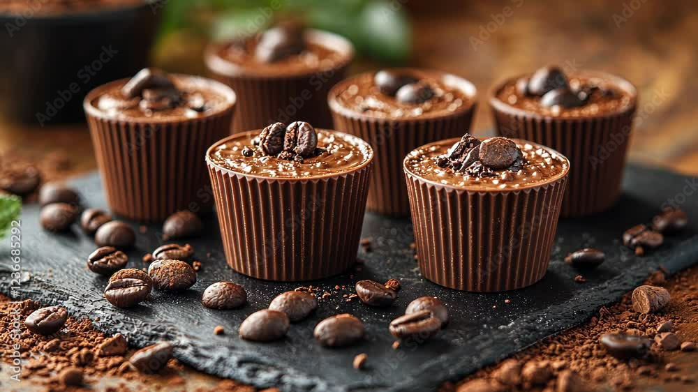 Delicious chocolate cups topped with coffee beans on a rustic table Delicious chocolate cups topped with coffee beans on a rustic table