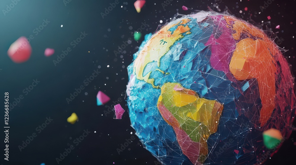 Fototapeta premium Colorful 3D Globe with Geometric Shapes in Dynamic Background
