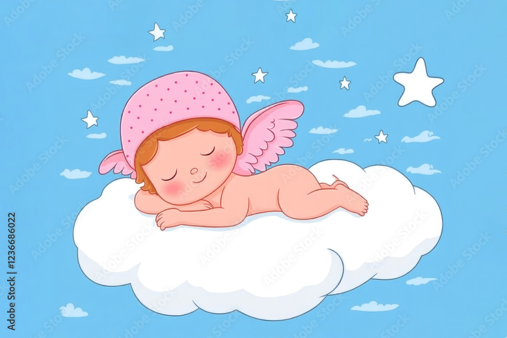 Pretty angel baby with wings resting on the cloud on a blue sky background Pretty angel baby with wings resting on the cloud on a blue sky background