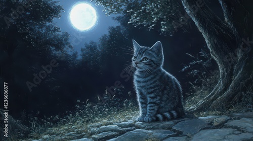 Enchanted Night: A Cat Under the Moonlight photo