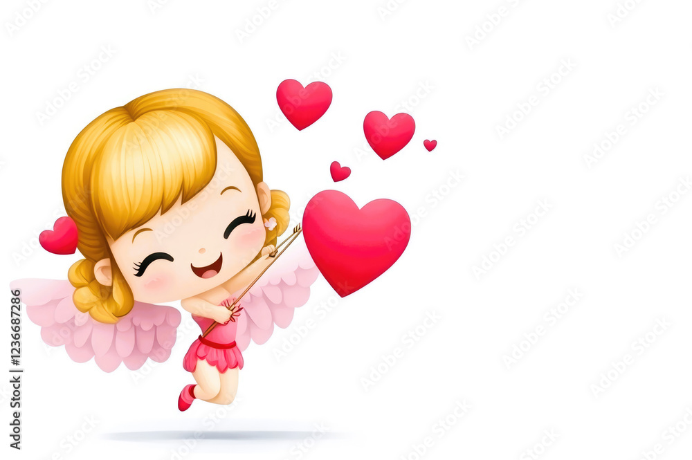 Pretty Amur or cupid happy baby angel character with bow and arrow and spreading love hearts on white background Pretty Amur or cupid happy baby angel character with bow and arrow and spreading love hearts on white background
