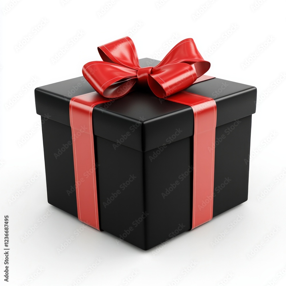 Sleek black gift box with shiny red ribbon and bow on a white background Sleek black gift box with shiny red ribbon and bow on a white background