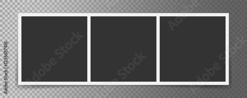 Modern horizontal photography collage template. Photograph frame isolated on transparent background. Photo booth, instant photo mockup. Template for social media, album, scrapbook