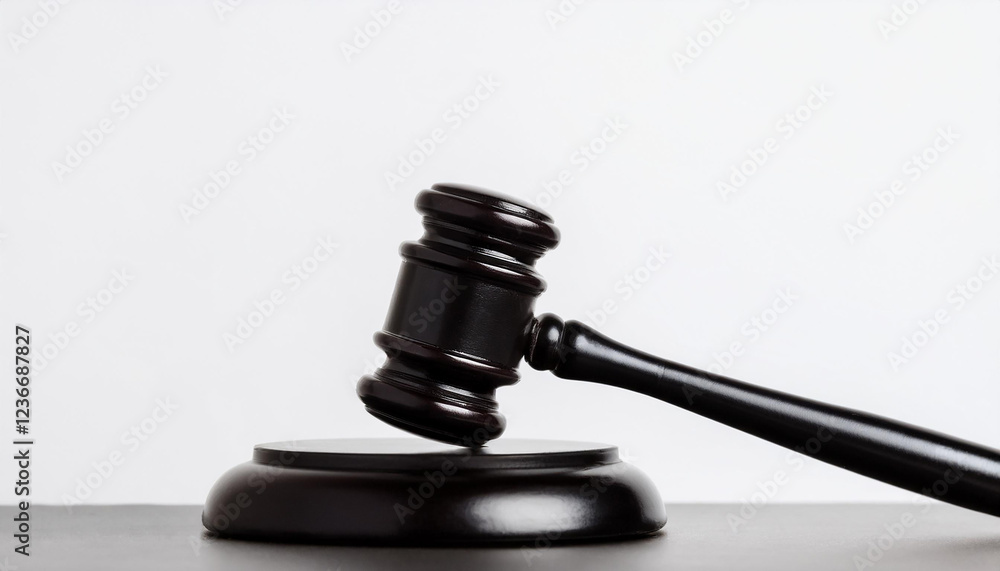 Dark wooden gavel on base, white backdrop. Law and justice, courtroom decisions and legal authority Dark wooden gavel on base, white backdrop. Law and justice, courtroom decisions and legal authority