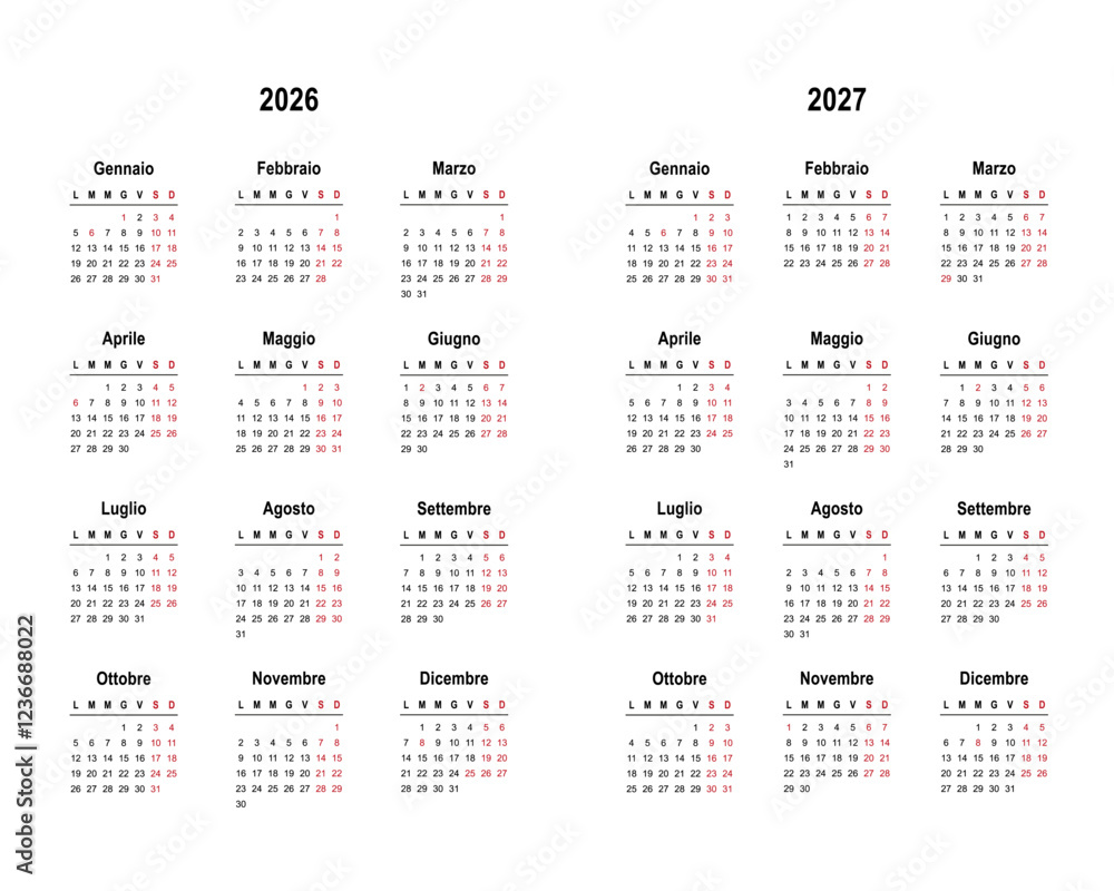 2026 and 2027 calendar minimalist on Italian language with italian holidays. Week start on Monday. 2026 and 2027 calendar minimalist on Italian language with italian holidays. Week start on Monday.