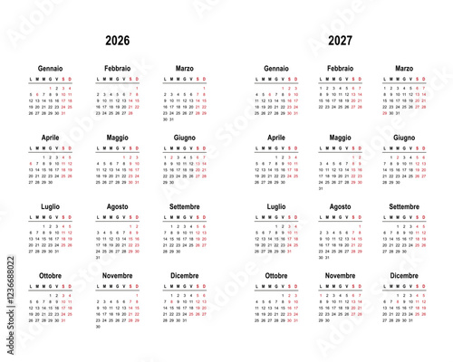 2026 and 2027 calendar minimalist on Italian language with italian holidays.  Week start on Monday. 