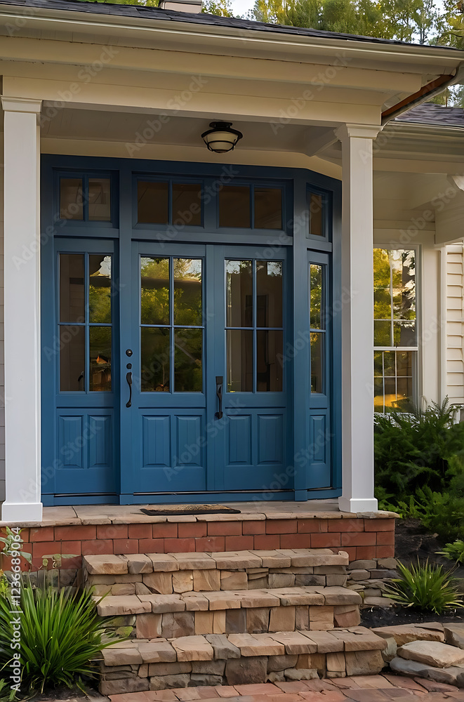 Fototapeta premium Stunning Blue Door Entrance of a Modern House. Brick Steps and Stone Accents. Classic Home Exterior Design