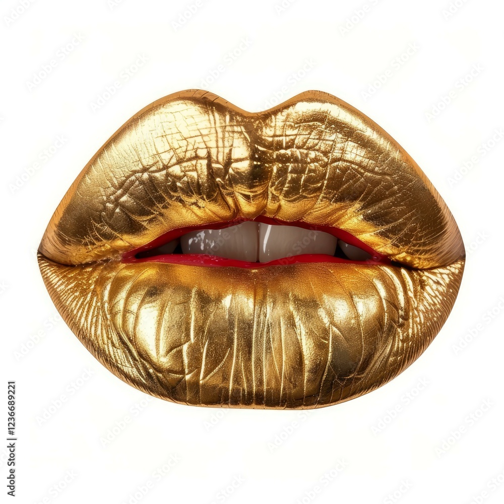 Golden lips slightly open showing teeth biting sensually, isolated on white background