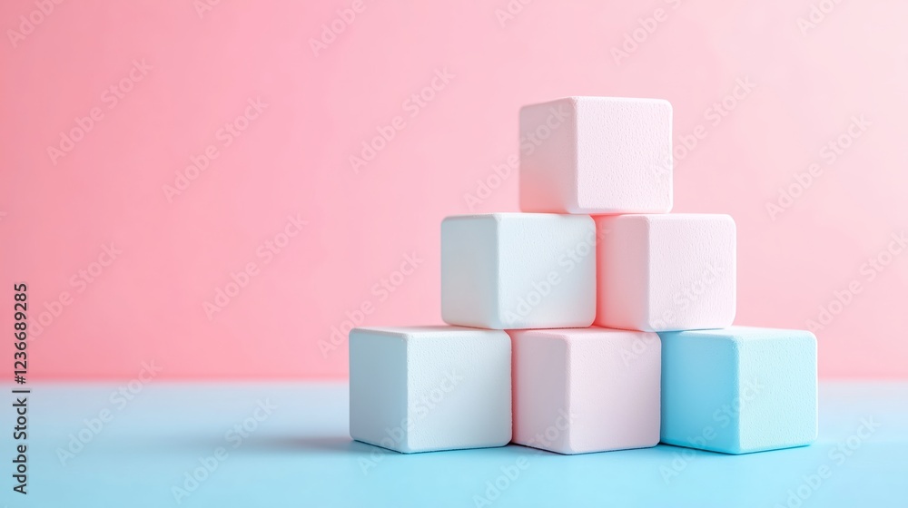 Colorful Stack of Pastel Building Blocks on Soft Pink and Blue Background Colorful Stack of Pastel Building Blocks on Soft Pink and Blue Background