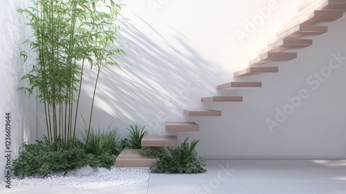 Modern stairs, zen garden, sunlight, minimalist interior, home design photo