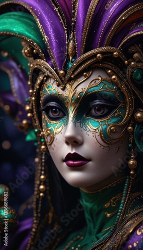 Wallpaper Mural Portrait of woman wearing an elaborate and colorful carnival costume in green and purple colours, Mardi gras celebration Torontodigital.ca