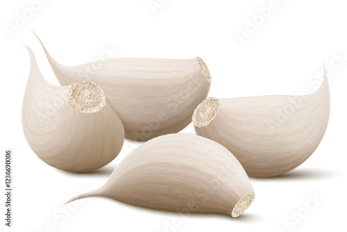 Garlic clove isolated on a white background. Vegetable and spice ingredient, unpeeled garlic cloves for cooking and healthy nutrition or spice and condiment product package design. Realistic 3D vector