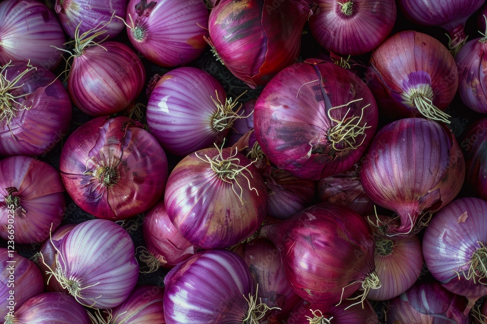 Close up of numerous red onions, creating a textured and colorful display Close up of numerous red onions, creating a textured and colorful display