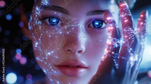Fototapeta robot connection artificial intel hands big touching data science human network