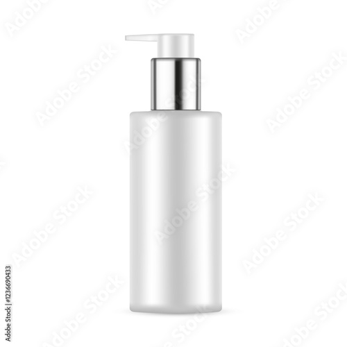 Plastic Pump Bottle Mockup With Metal Cap, Front View, Isolated On White Background. Vector Illustration