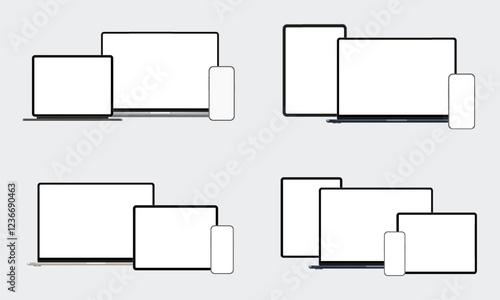 Set Of Digital Devices Mockups, Laptop, Smartphone, Tablet Computer, Front View. Vector Illustration