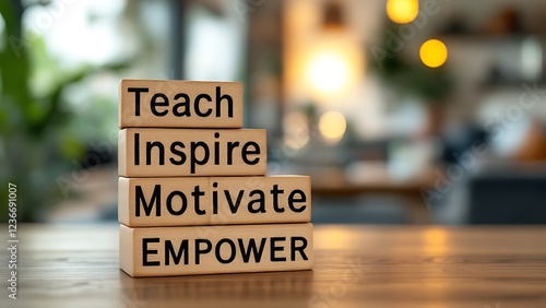 Wooden blocks with words 'Teach inspire motivate empower'.