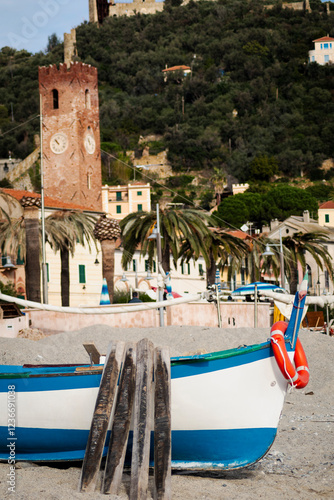Liguria, Italy. The fishing boats on the beach of the old village of Noli.