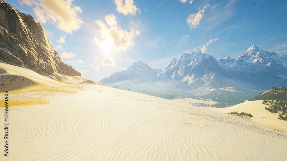 Majestic Desert Landscape: Sand Dunes Meeting Snow-Capped Mountains Under a Bright Sun Majestic Desert Landscape: Sand Dunes Meeting Snow-Capped Mountains Under a Bright Sun