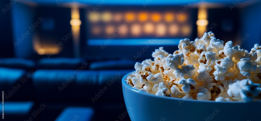 Movie night popcorn ready to be enjoyed with the big screen glowing softly in the background Movie night popcorn ready to be enjoyed with the big screen glowing softly in the background