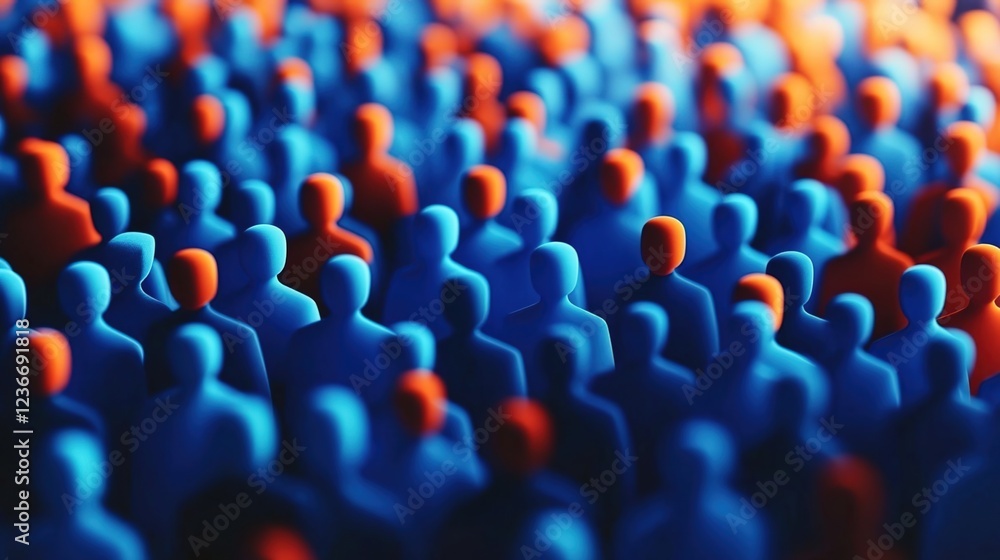 Fototapeta premium A large group of blue and orange people, representing the concept of community or audience for marketing.