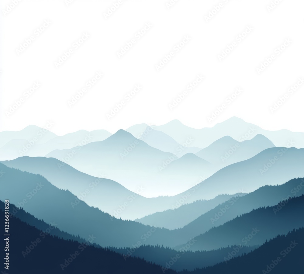 Obraz premium Serene Blue Mountain Range, Misty Sky, Panoramic View, Nature Poster