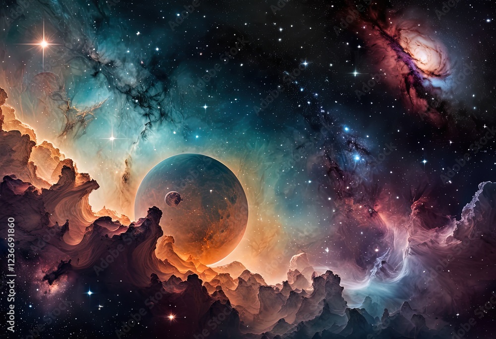 Vivid space scene with planets, stars, and colorful nebulae. Vivid space scene with planets, stars, and colorful nebulae.