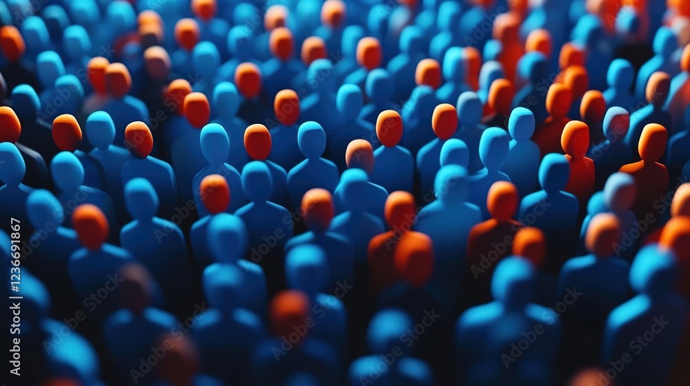 Obraz premium A large group of blue and orange people, representing the concept of community or audience for marketing.