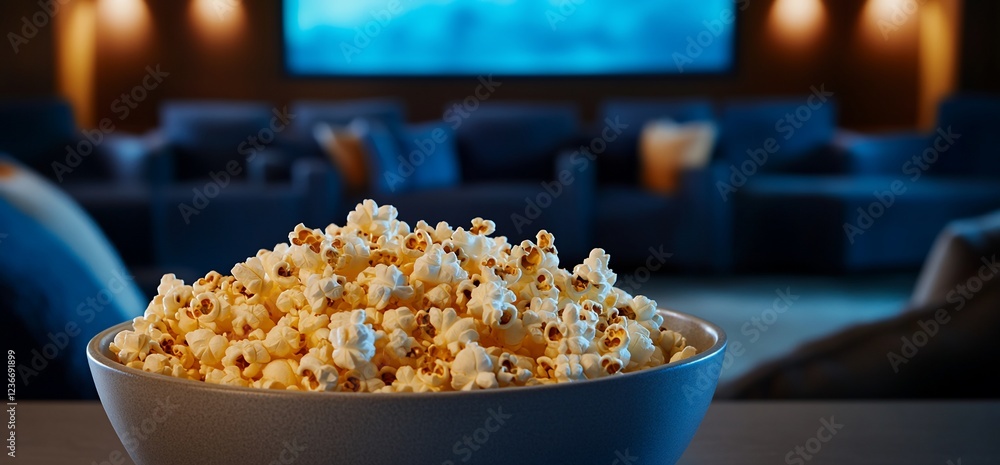 Bowl of Popcorn in a Relaxing Home Cinema Setup with Soft Lighting Bowl of Popcorn in a Relaxing Home Cinema Setup with Soft Lighting