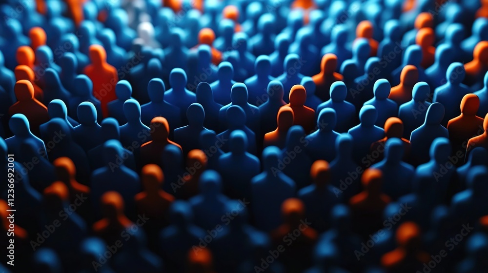 Fototapeta premium A large group of blue and orange people, representing the concept of community or audience for marketing.