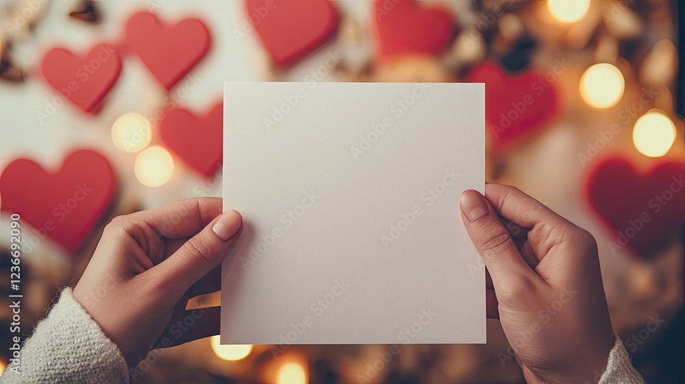 Obraz premium hands holding a white blank valentine's day invitation mockup, detailed design, valentine's day scene in the background