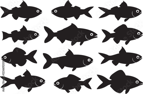 Zebrafish silhouette set, flat fish vector illustration, fish black color isolated on a white background.