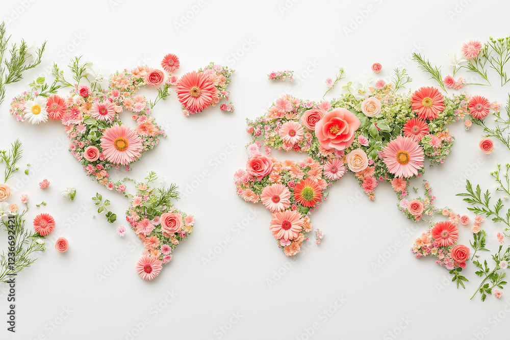 A flowery map of the world is displayed on a white background A flowery map of the world is displayed on a white background