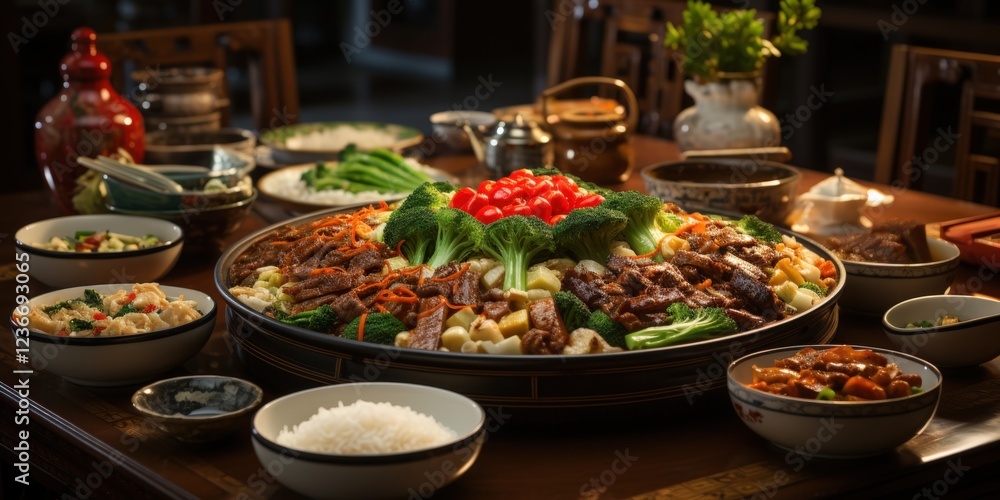 Obraz premium Asian cuisine feast family dinner with rice, meat, and vegetables.