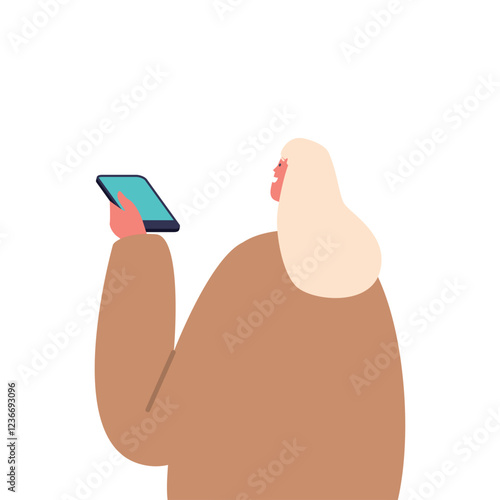Journalist Female Character Stand with Smartphone Rear View. Woman Interviewing, Visiting Press Conference