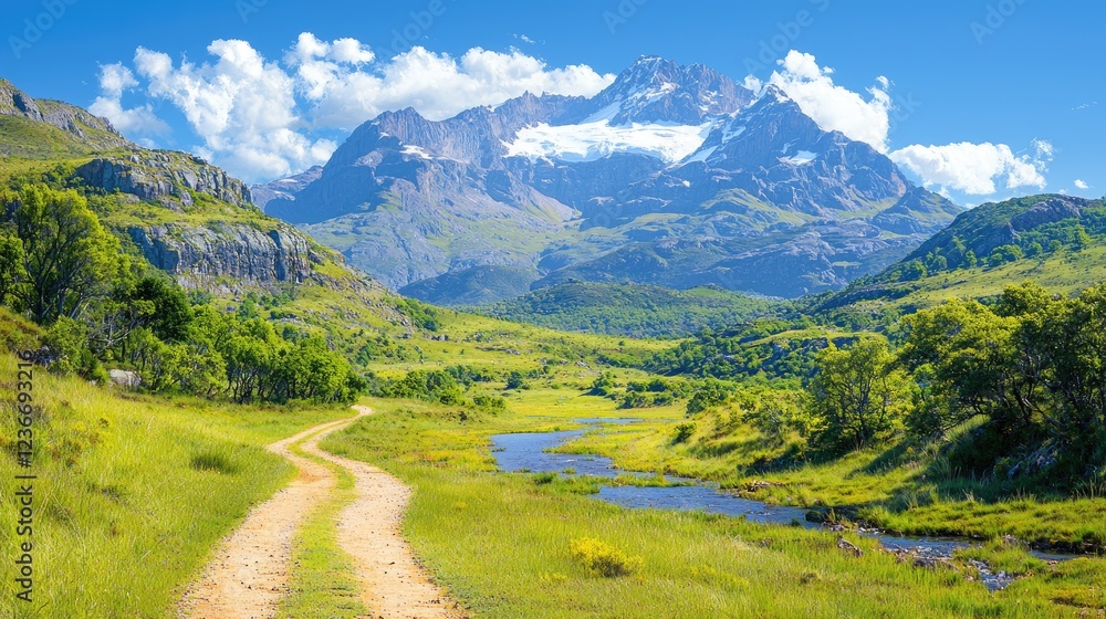 Naklejka premium Mountain valley road, stream, sunny day, Patagonia landscape, travel photography