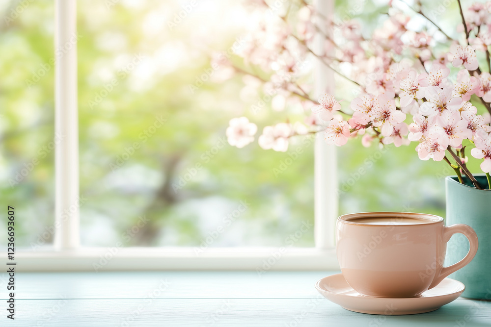 A cup of coffee sits on a saucer next to a vase of flowers A cup of coffee sits on a saucer next to a vase of flowers