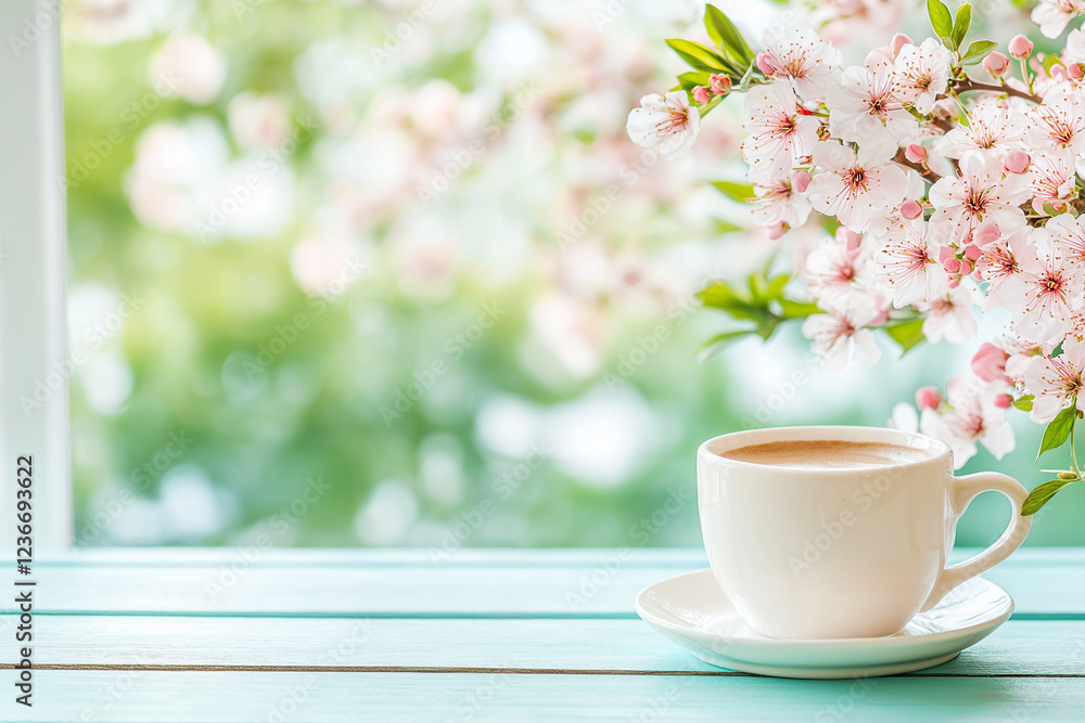 A white coffee cup sits on a blue table with a view of a tree and pink flowers A white coffee cup sits on a blue table with a view of a tree and pink flowers