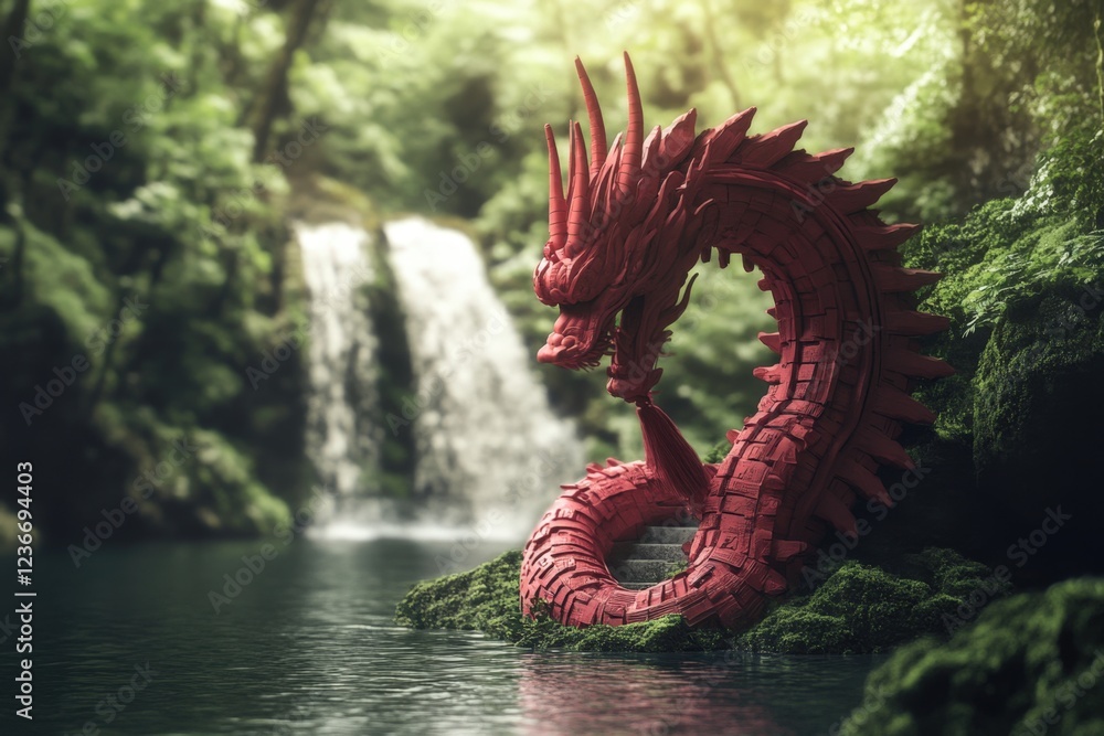 Naklejka premium Red dragon statue by waterfall in lush forest; fantasy, mythology, nature scene for games, books.