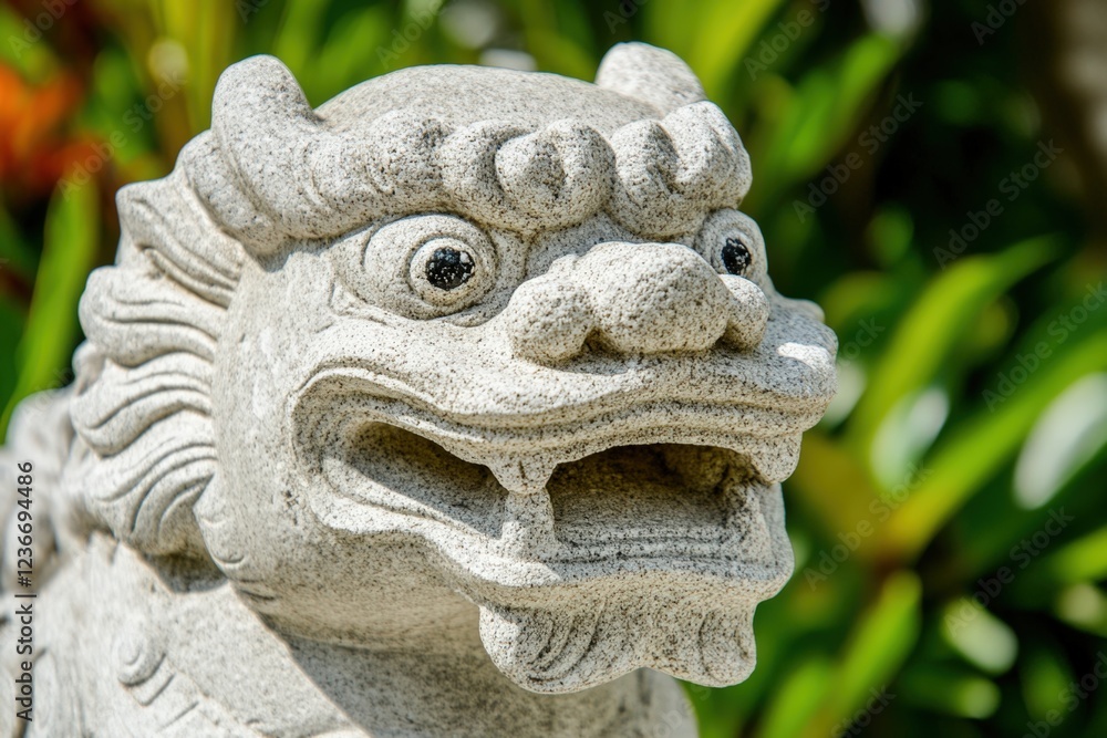 Stone lion guardian statue in lush garden. Stone lion guardian statue in lush garden.