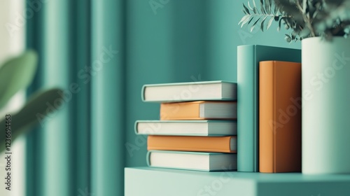 A stack of books on a blue background, with an orange and teal color palette, a 3D render, and a minimalistic style photo