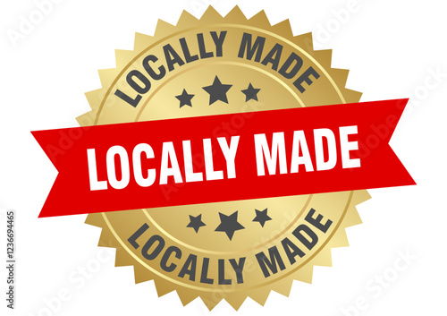 locally made. locally made round red and gold label isolated on transparent background