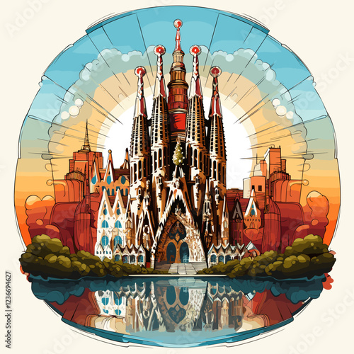 Sagrada Familia hand-drawn comic illustration. Sagrada Familia. Vector doodle style cartoon illustration
