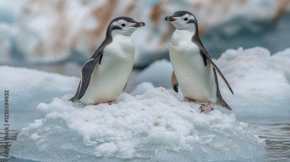Obraz premium Antarctic penguins on ice floe, interacting, glacial backdrop. Possible use wildlife, nature, conservation