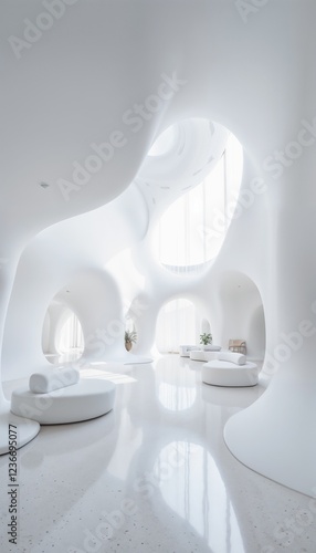 A minimalist, organically shaped white interior space; flowing, sculpted walls and ceilings with numerous irregular openings and alcoves; simple white seating is integrated into the design.