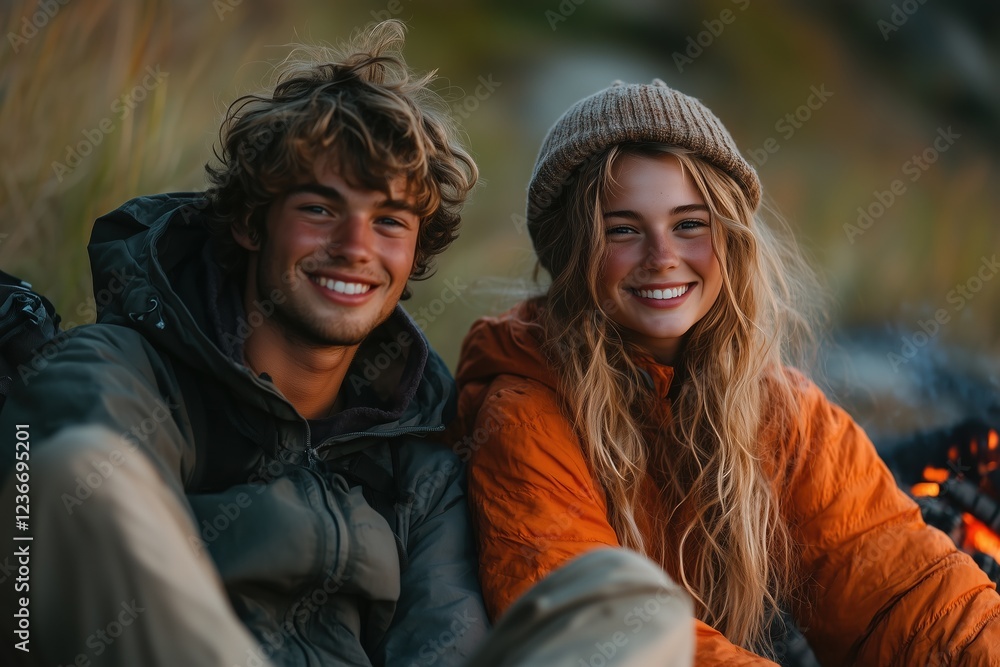 Fototapeta premium Couple enjoys cozy moments by the campfire in a serene outdoor setting
